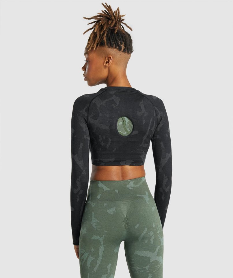 Women's Gymshark Adapt Camo Seamless Long Sleeve Cropped Tops Black | CA 75603A